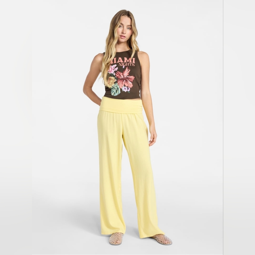 No Boundaries Foldover Beach Pant Womens Yellow Travel Casual Summer Boho Linen